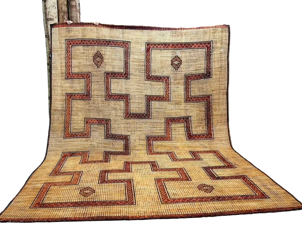 Vintage Tuareg Rug Handwoven Reed & Leather 9x12.9 - T38